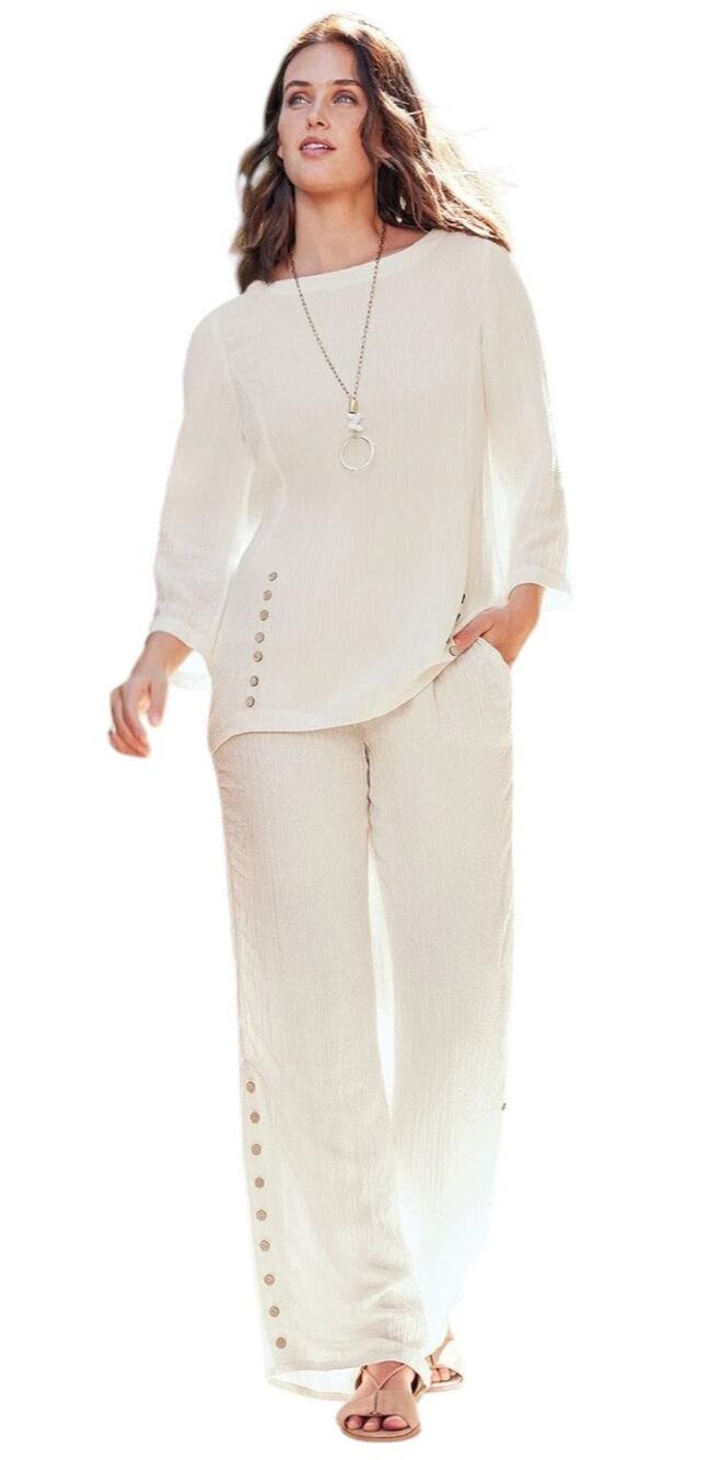 Soft Surroundings Sz XL Tunic Pants Set Pull On Oceo Crinkle Gauze NWT Lounge